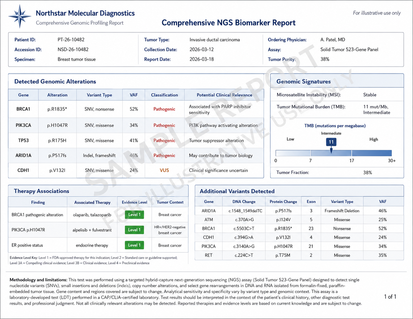 Illustrative NGS biomarker report with synthetic data.