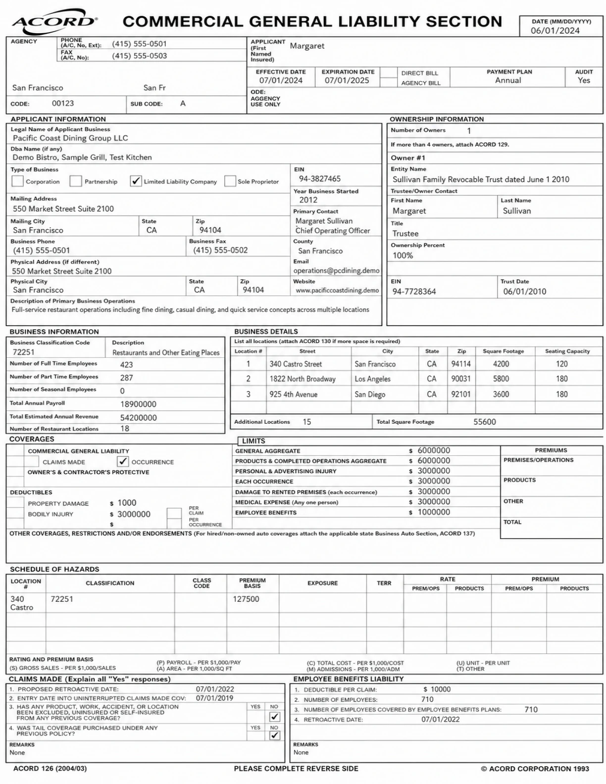 ACORD 125/126 form, page 1