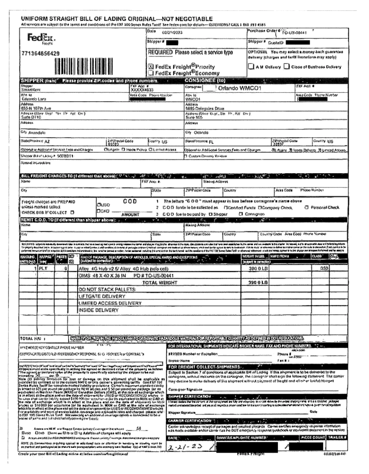 Straight bill of lading